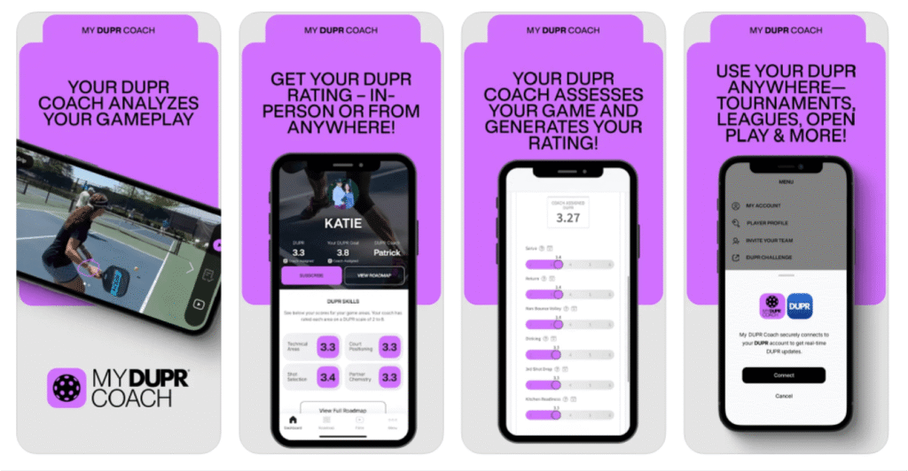 National Junior Pickleball - Screens showcasing the My Dupr Coach app