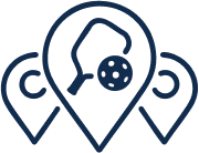National Junior Pickleball - Blue location pin icon featuring a hand holding a pickleball